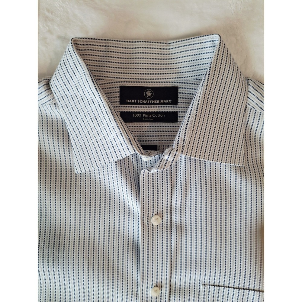 Hart Schaffner Marx Pima Cotton Non-Iron Striped White/Blue Dress Shirt 16 34